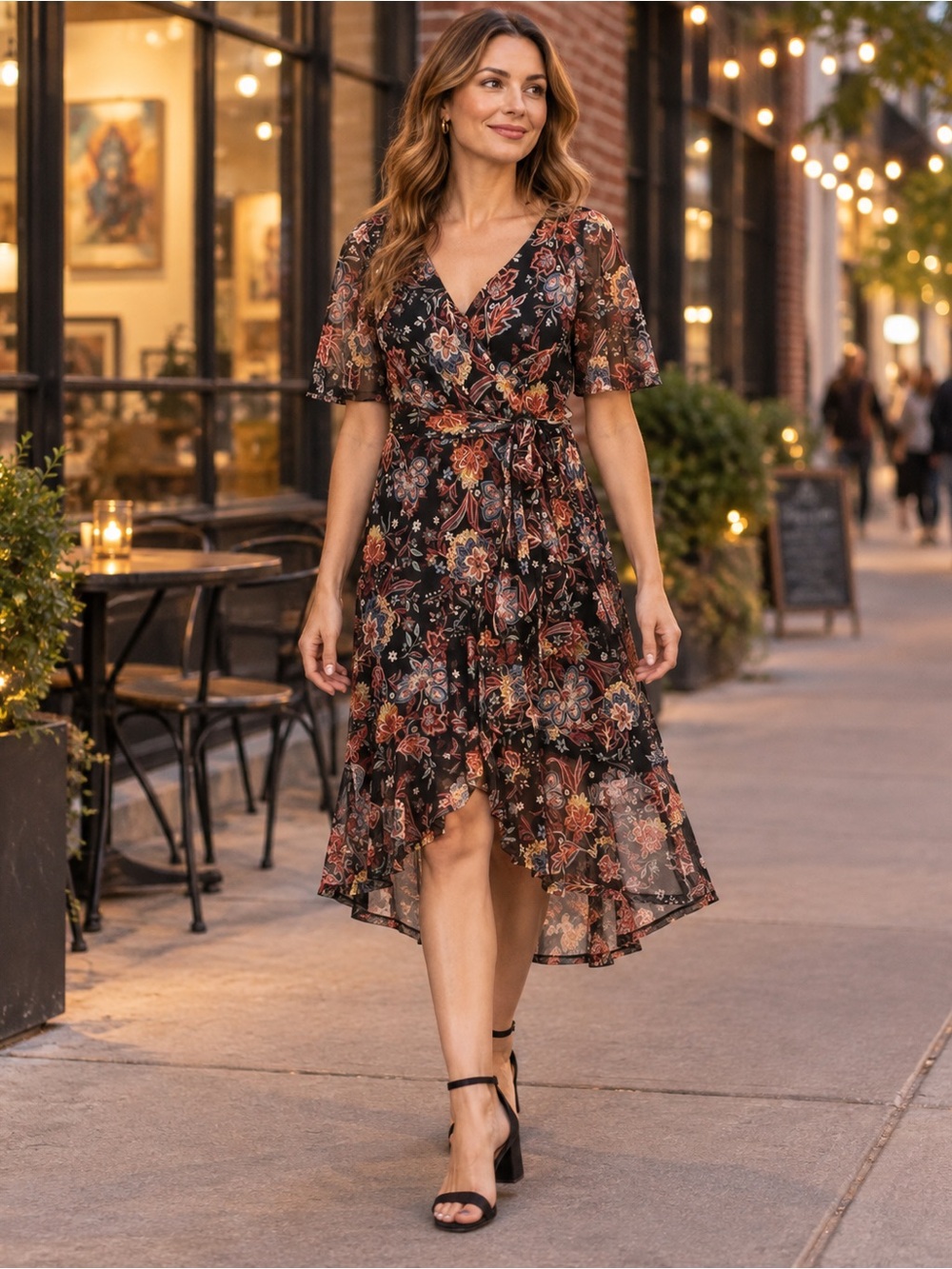 Connected Apparel Petite Floral Faux Wrap High-Low Dress Size 10P